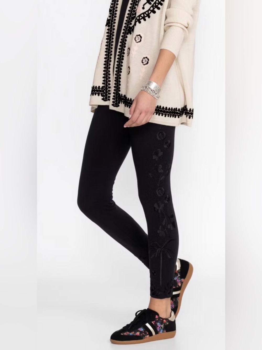 Johnny Was Cassia Black Floral  Embroidered Leggings-XS-Boho Chic Monochrome NWT